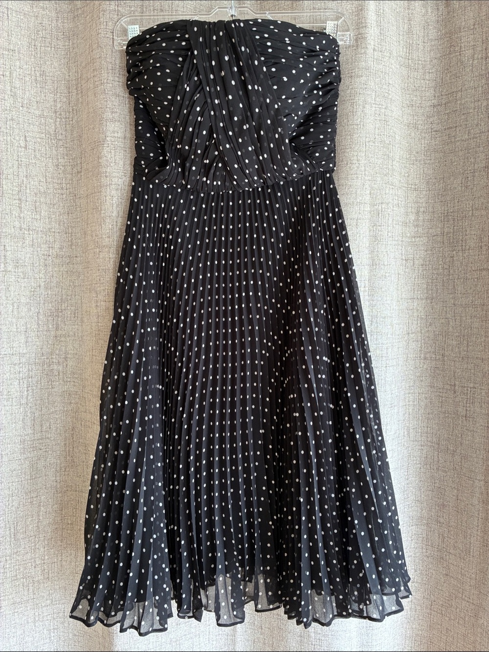 Donna Morgan Black and White Polka Dot Strapless Pleated Midi Dress